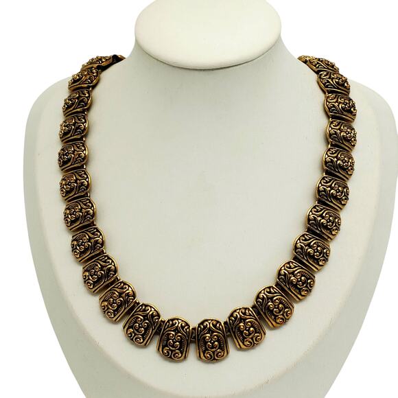 Ornate Antique Gold Tone Collar Necklace Panel Filigree Chunky Victorian Revival - Picture 1 of 9